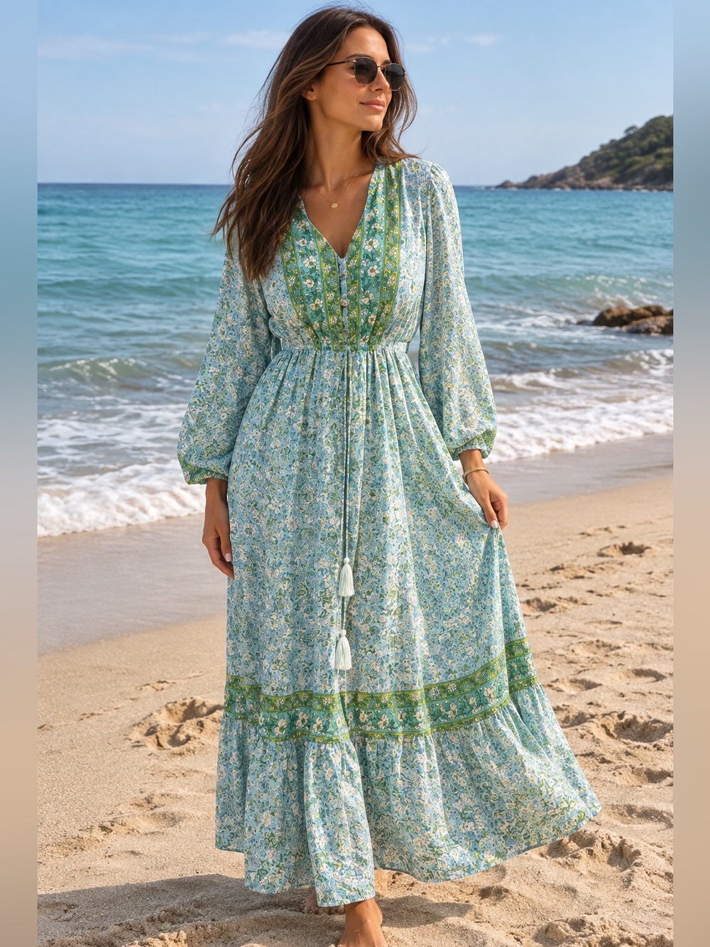 Zury Floral V-Neck Long Sleeve Tassel Silk-Viscose Maxi Dress free size